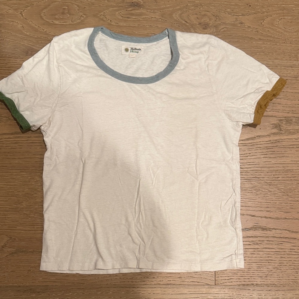 Blank White Short Sleeve Ringer Tee with Blue Neck and Contrast Sleeve Cuffs